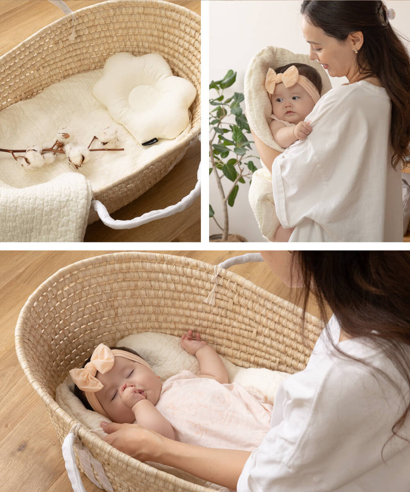 赤ちゃんクーファン3点セット 天然コーン手編みのクーファン・抱っこ布団・枕(くも) イブル