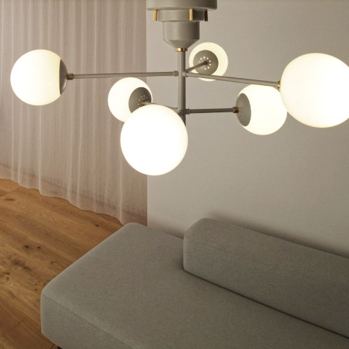 シンプルなボディに6つのホワイトガラスを配置したシーリングライト